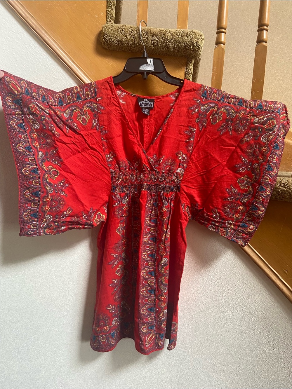 ANGIE Red Paisley Mini Dress V Neck Large Sleeves great condition women's size S
